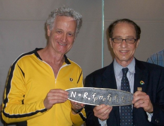 Bob Blum and Ray Kurzweil at SETI holding the Drake Equation
